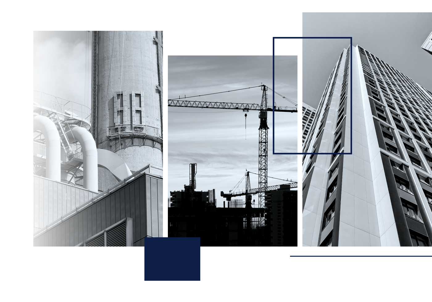 Architectural collage — towers, cranes, industrial detail